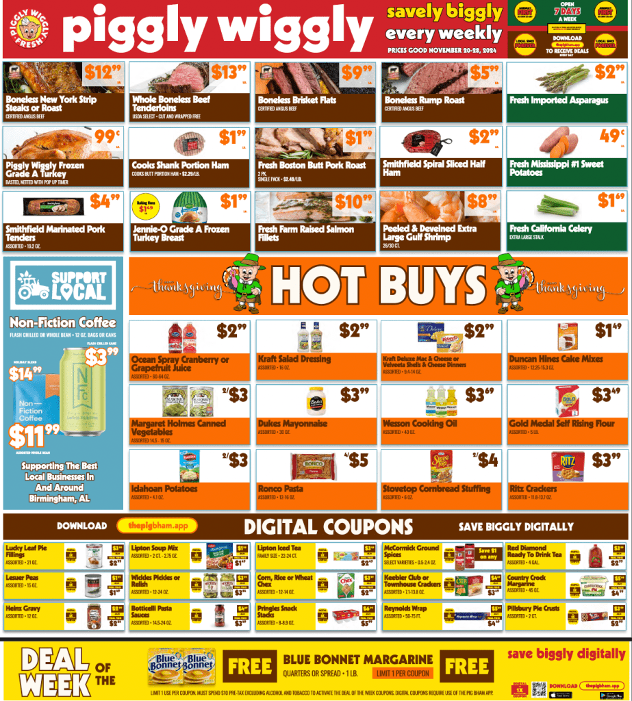Piggly Wiggly weekly ad highlighting Thanksgiving savings on meats, seafood, fresh produce, and pantry essentials, valid November 15-28, 2024.